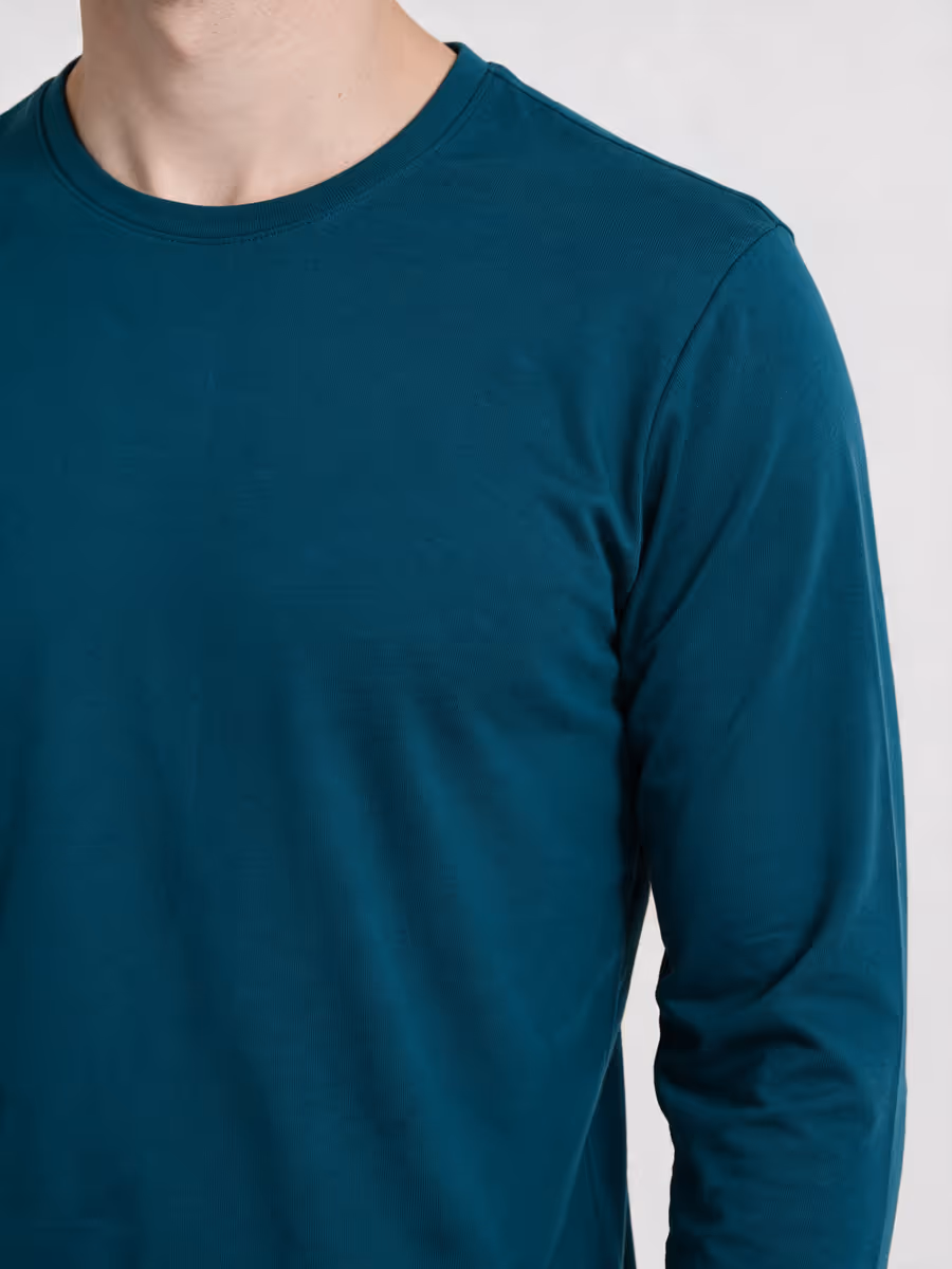 Men's Petrol Full Sleeve Round Neck Plain T-Shirt