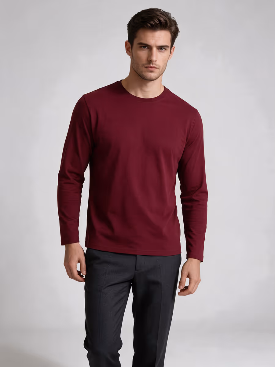Men's Maroon Full Sleeve Round Neck Plain T-Shirt