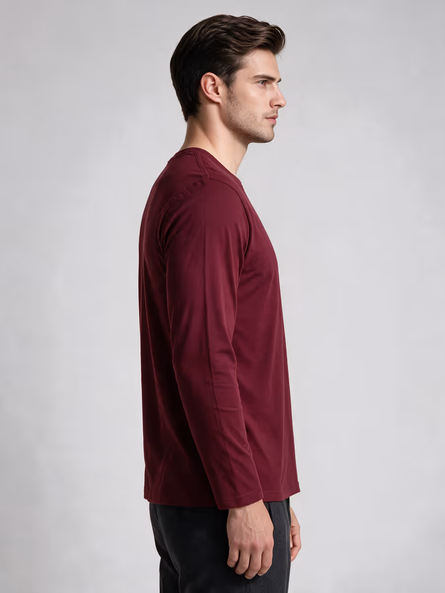 Men's Maroon Full Sleeve Round Neck Plain T-Shirt
