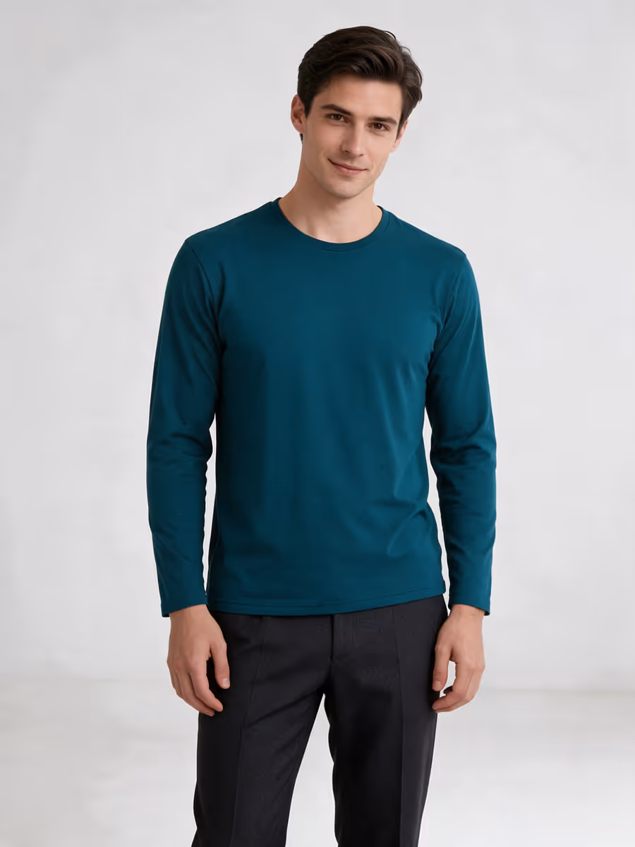 Men's Petrol Full Sleeve Round Neck Plain T-Shirt