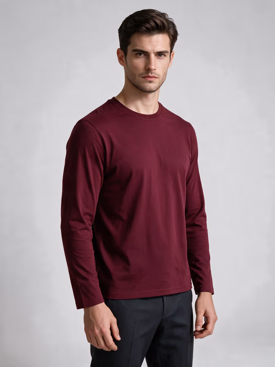Men's Maroon Full Sleeve Round Neck Plain T-Shirt
