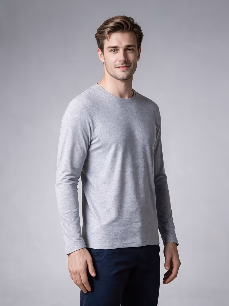 Men's Grey Melange Full Sleeve Round Neck Plain T-Shirt