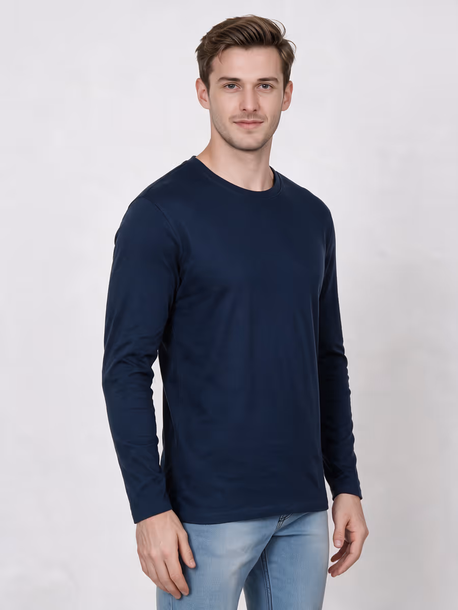 Men's Navy Blue Full Sleeve Round Neck Plain T-Shirt