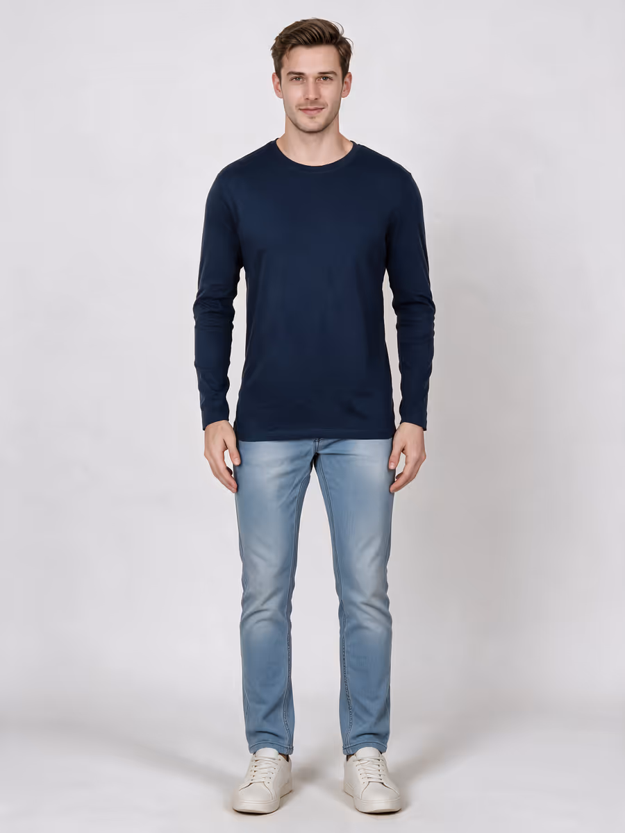 Men's Navy Blue Full Sleeve Round Neck Plain T-Shirt