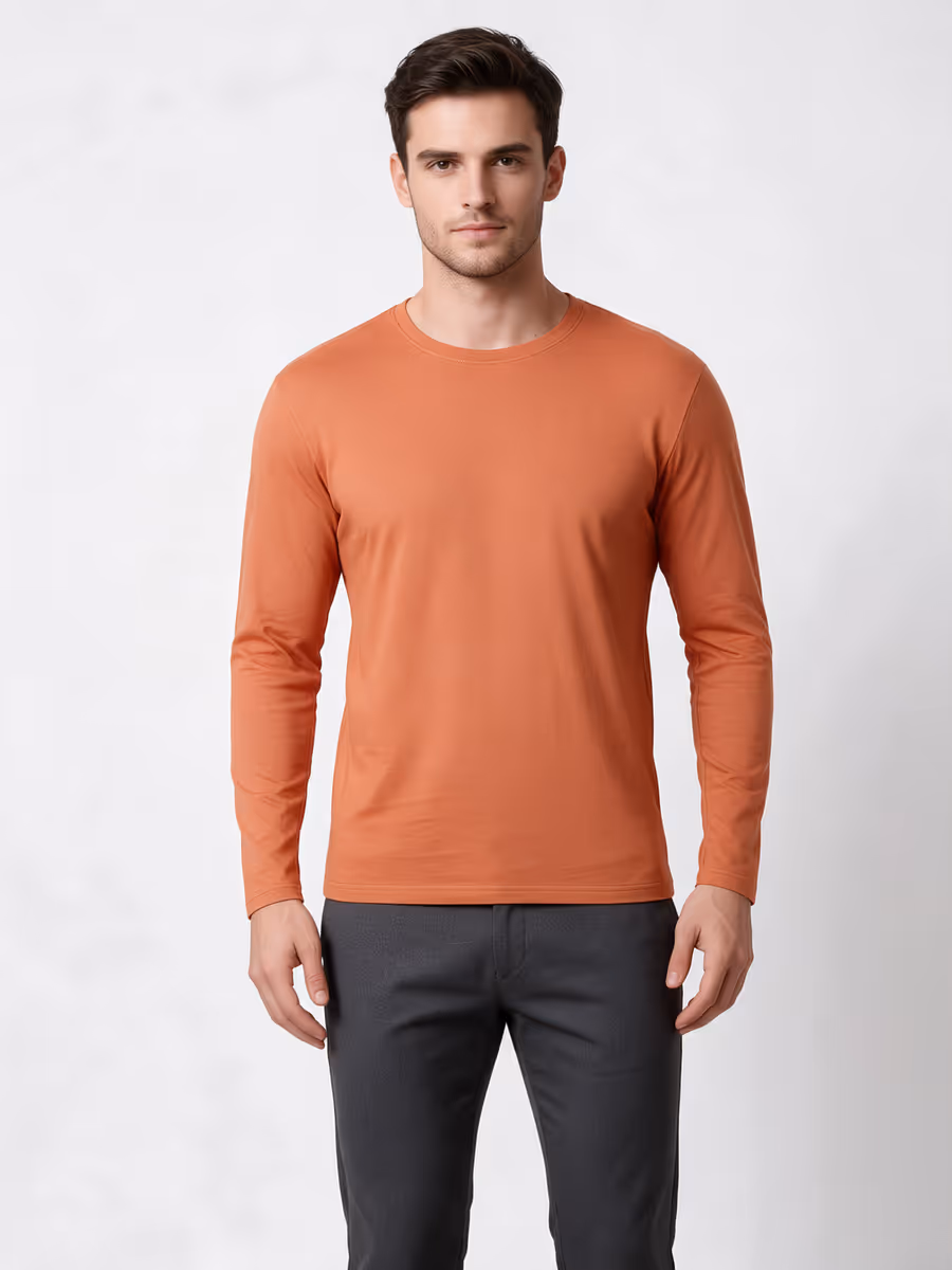 Men's Saffron Full Sleeve Round Neck Plain T-Shirt