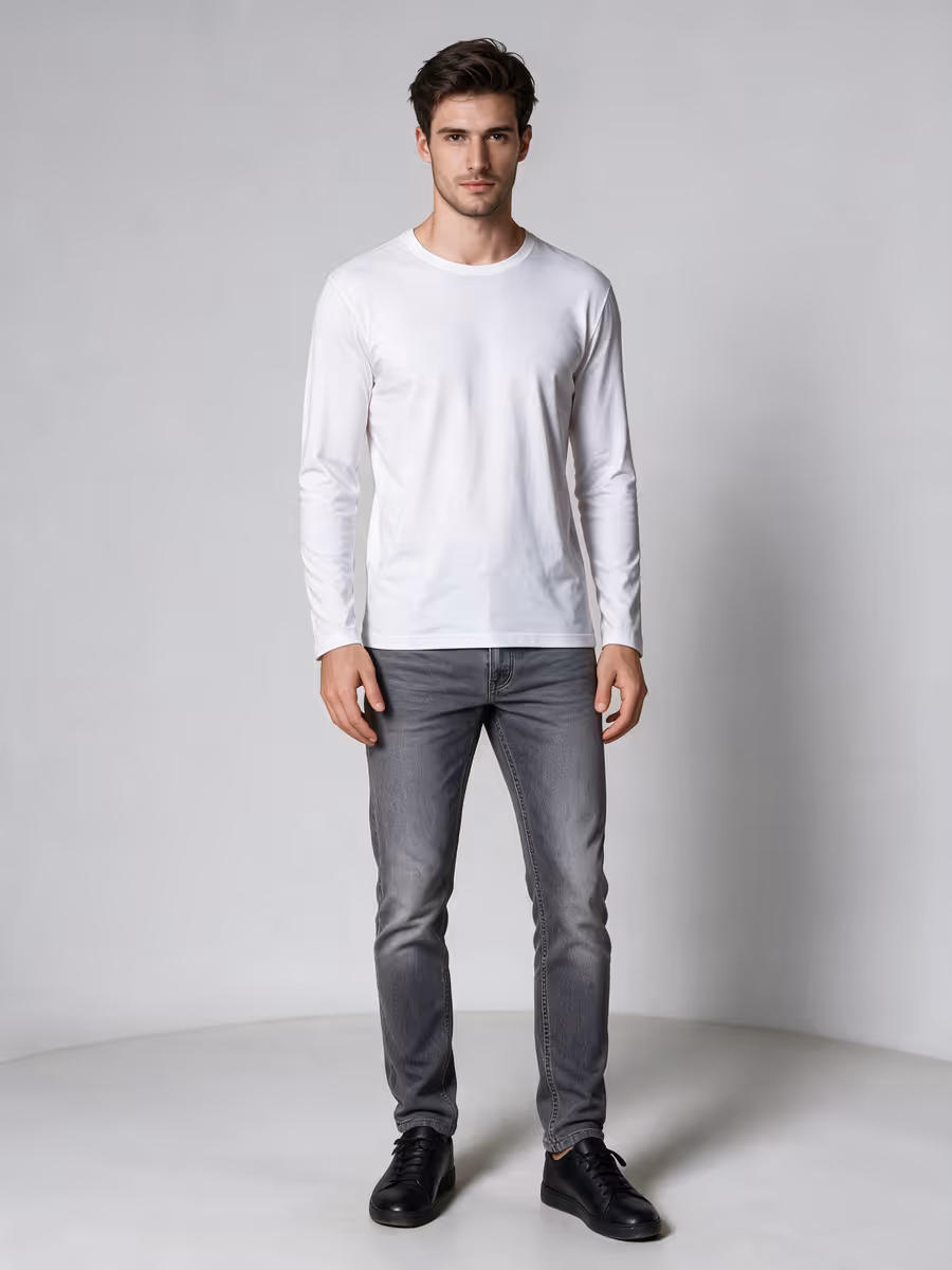 Men's White Full Sleeve Round Neck Plain T-Shirt