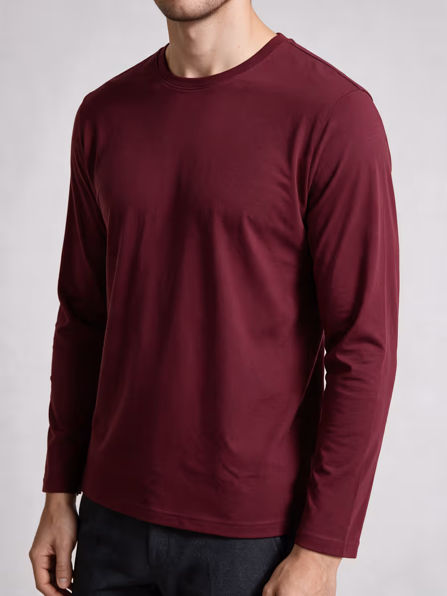 Men's Maroon Full Sleeve Round Neck Plain T-Shirt