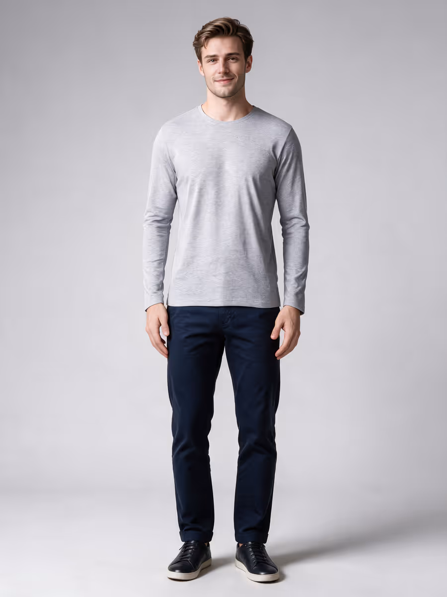 Men's Grey Melange Full Sleeve Round Neck Plain T-Shirt