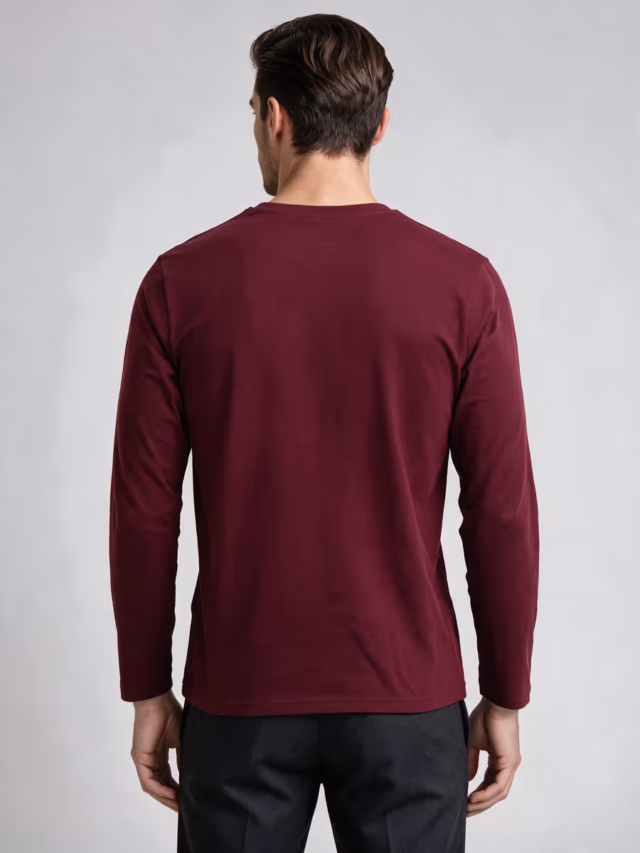 Men's Maroon Full Sleeve Round Neck Plain T-Shirt
