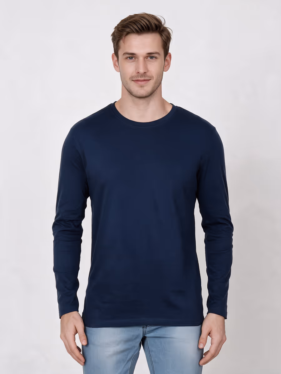 Men's Navy Blue Full Sleeve Round Neck Plain T-Shirt
