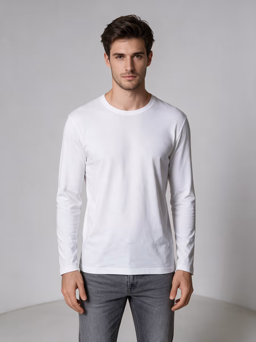 Men's White Full Sleeve Round Neck Plain T-Shirt